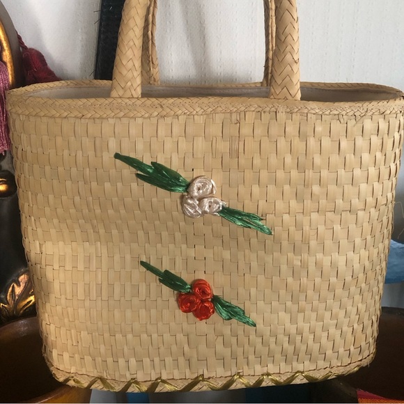Stunning Vintage 60’s Wicker Seagrass Woven Embroidery Handbag Tote - Picture 4 of 9